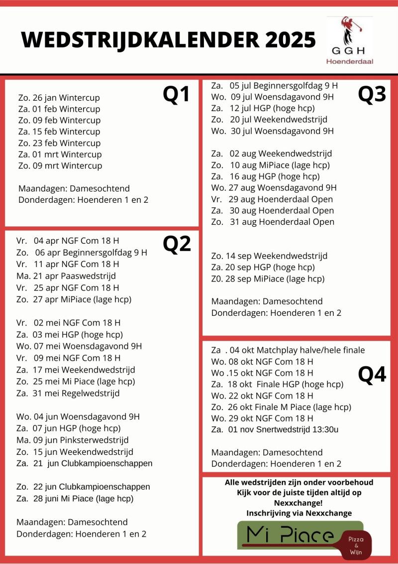 hoenderdaal Wedstrijdkalender 2025